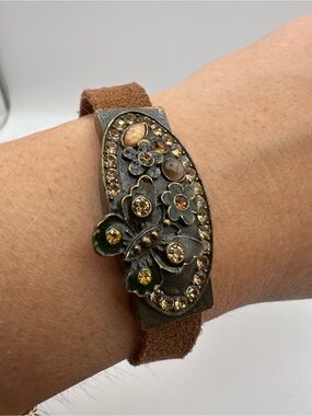 Lia Sophia Brown Suede Cuff Bracelet Butterfly Floral Rhinestone Statement